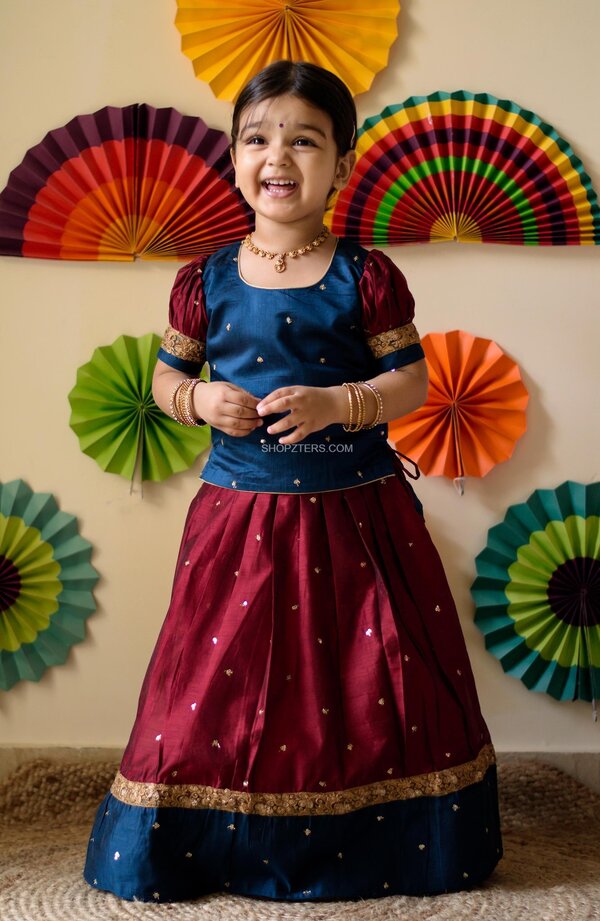 Maroon and Blue Chanderi Pavadai set