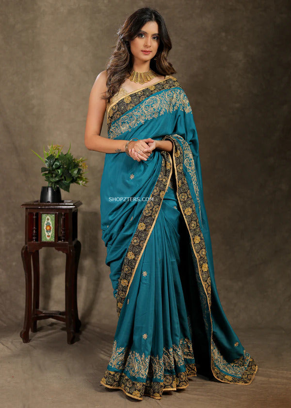Teal Blue Rayon Saree With Ajrakh Border