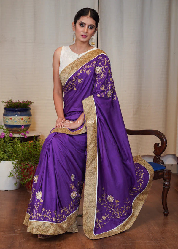 Purple Silk Saree With Embroidered Banaras Border