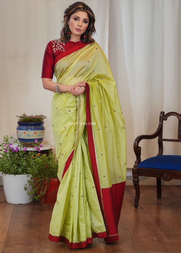 Light Green Chanderi Silk Saree With Maroon Border