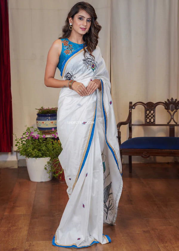 White Cotton Saree With Peacock Feather Motif