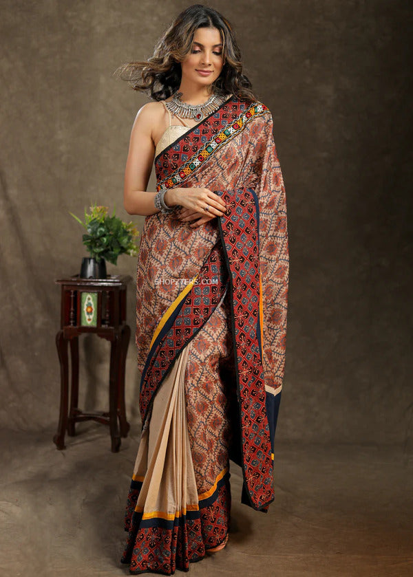 Beige Cotton Saree With Chanderi Pallu