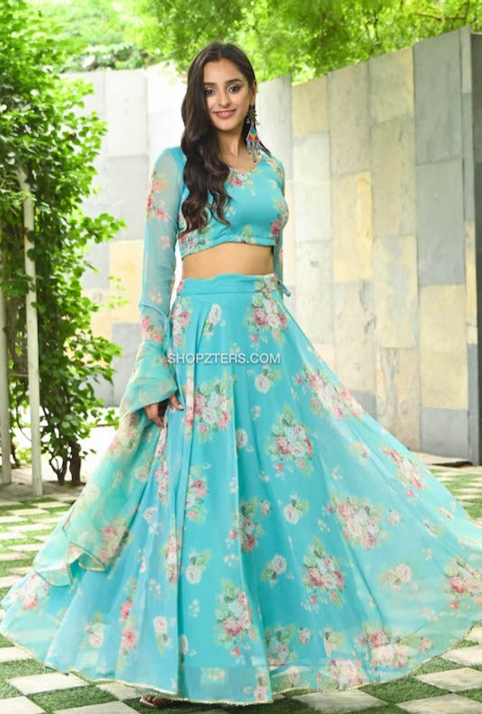 Blue Printed Georgette Lehenga