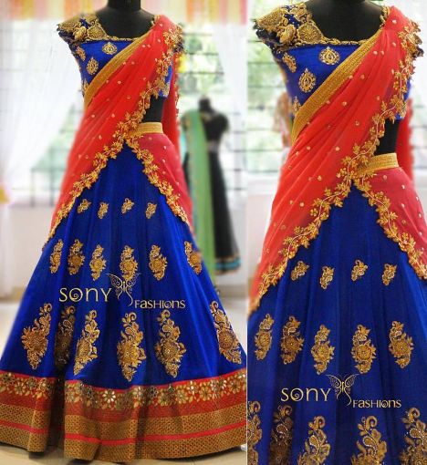 Red/ Blue Traditional Lehenga detailed with Golden Hand Embroidery –  archerslounge