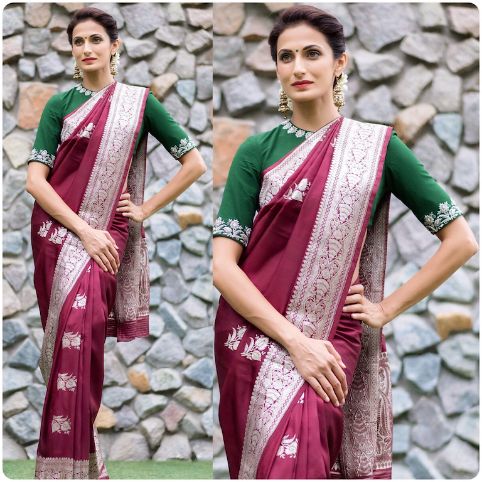 Buy Stylish Chiffon Maroon Embellished Saree with Blouse piece Online In  India At Discounted Prices