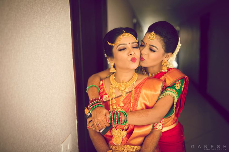 Sister of the Bride - Stunning red bridal and yellow lehenga for wedding.  See… | Sisters photoshoot poses, Indian wedding photography poses, Bride photography  poses