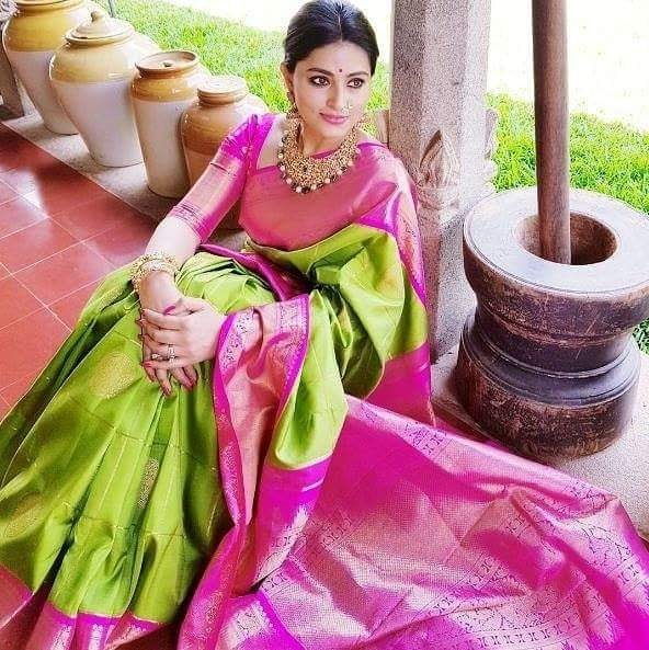 Lime Green With Pink Border Silk Traditional Saree – paanericlothing