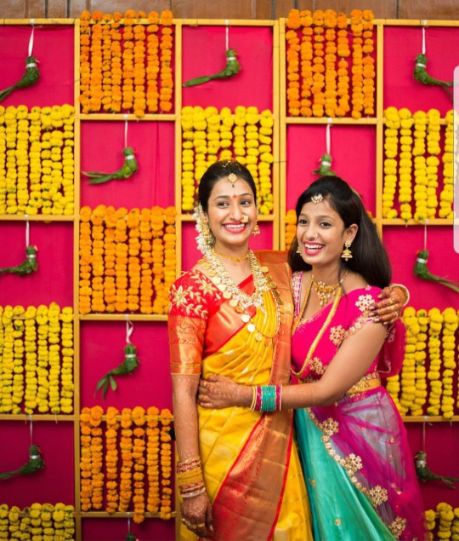 Pretty bride and sister wearing colorful kanjivaram saree for Pellikuthuru.  See more on wedmegood.co… | South indian bride, Indian bride, Bridal sarees  south indian