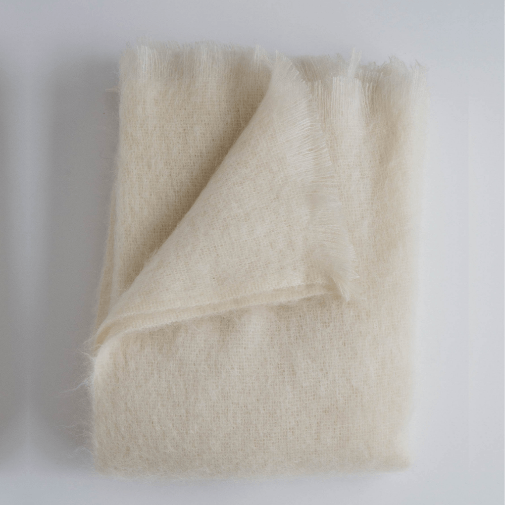 Pearl Mohair Throw Woven In The UK Cream White With Fringe Winnoby