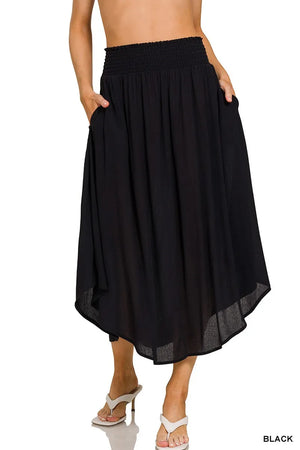 Zenana Woven Crinkle Smocked Waist Maxi Skirt W Pockets - A Lark And A Lady