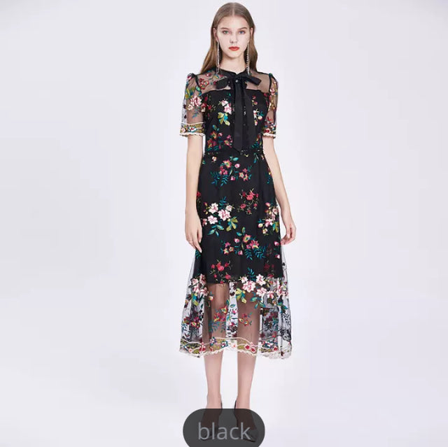 French Vintage Mid-calf Embroidered Dress in Black or Beige – A Lark ...