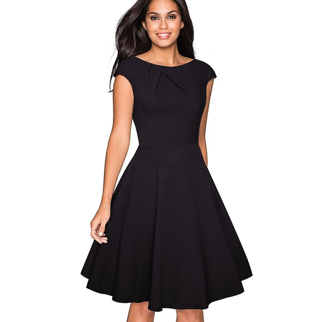 Graceful Vintage Solid Color Elegant O-Neck A-Line Flare Swing Dress ...