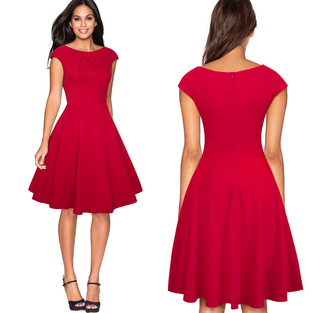 Graceful Vintage Solid Color Elegant O-Neck A-Line Flare Swing Dress ...