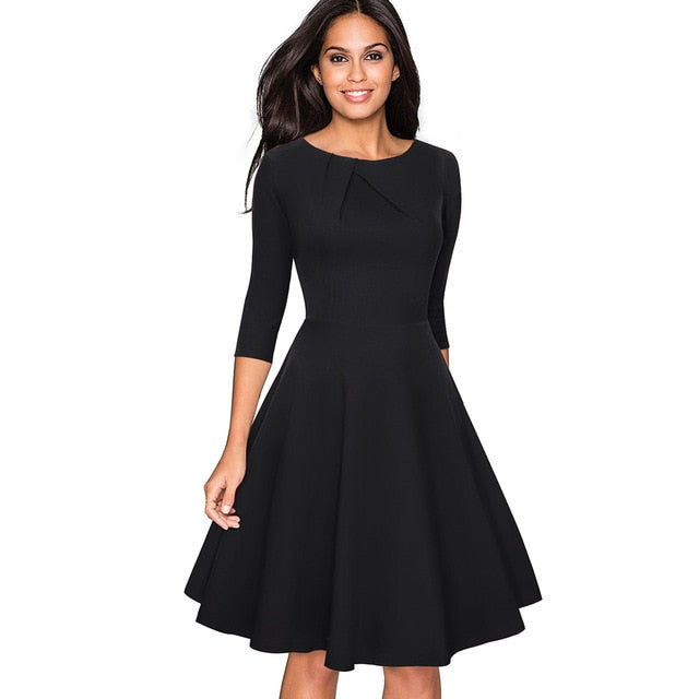 Graceful Vintage Solid Color Elegant O-Neck A-Line Flare Swing Dress ...