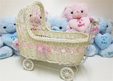 wicker baby carriage centerpiece