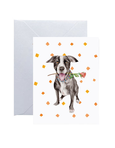 Dog holding rose Valentine's Day Card