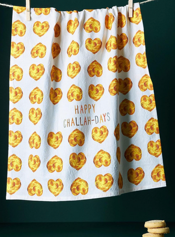 hanukkah tea towel featuring hand painted challahs 