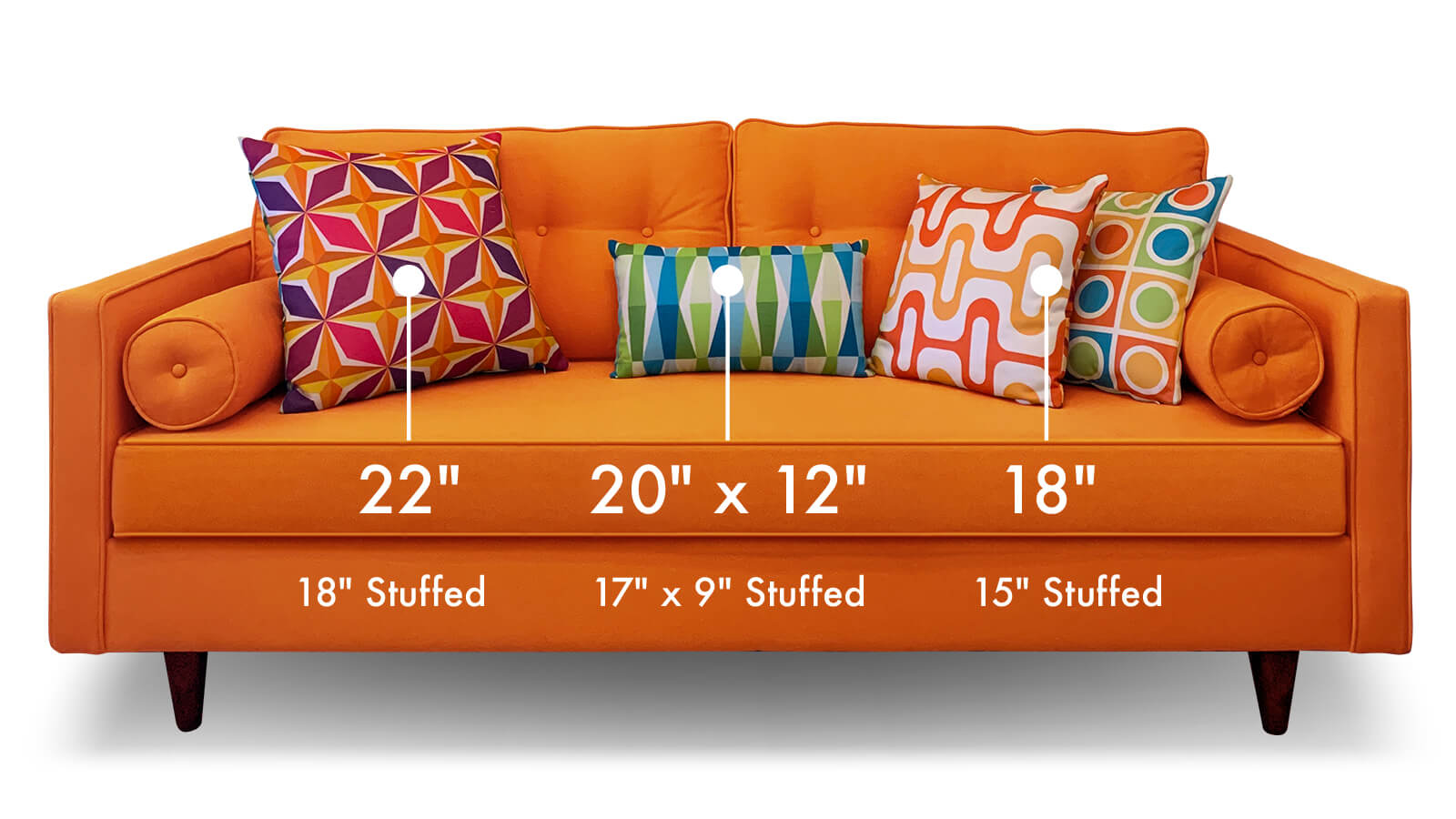 Mid-century modern throw pillows measurements selector on a couch