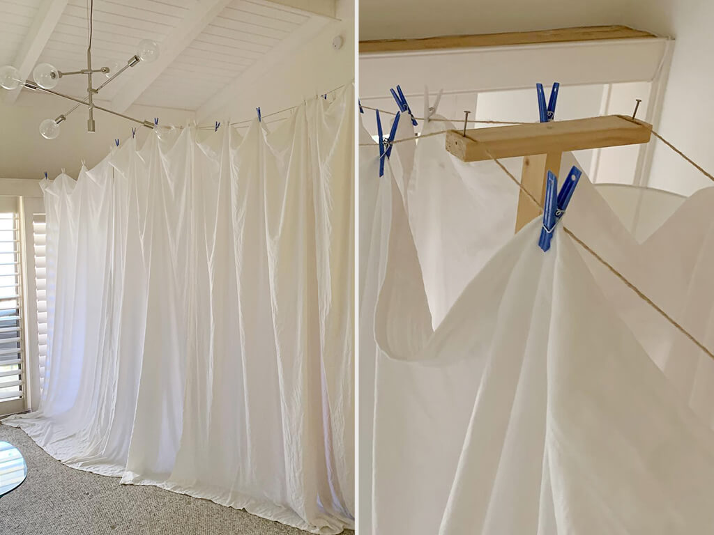 Mid-century modern diy bedroom makeover curtain wall drying line