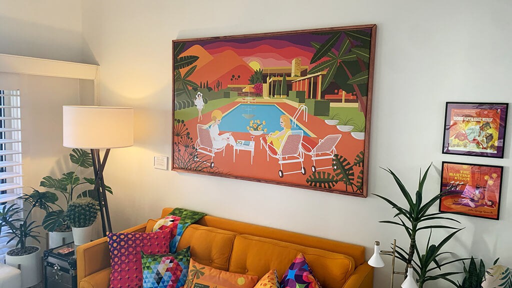 Mid-century modern DIY wall frame of Poolside Gossip in the style of Shag