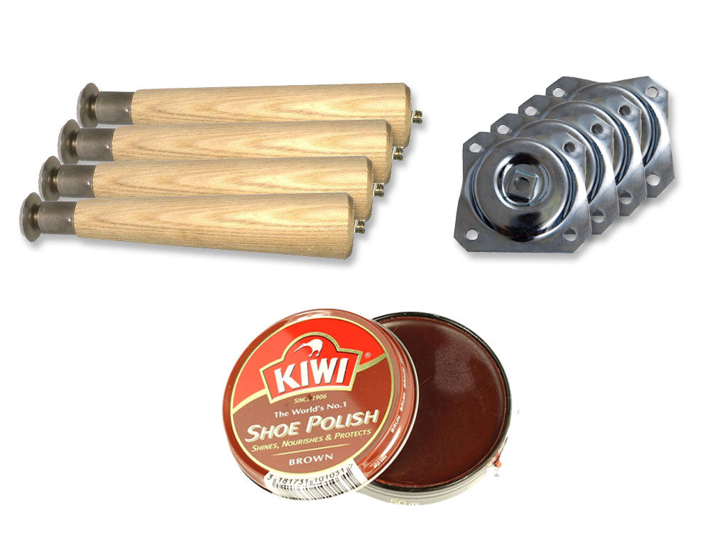 Wadell taper round wood legs, metal plates and brown KIWI shoe polish
