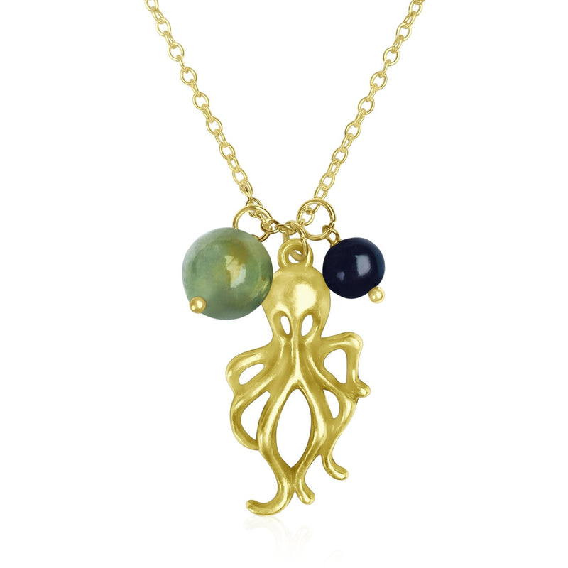 Gold Octopus Ocean Charm Necklace with Prehnite and Pearl Charms