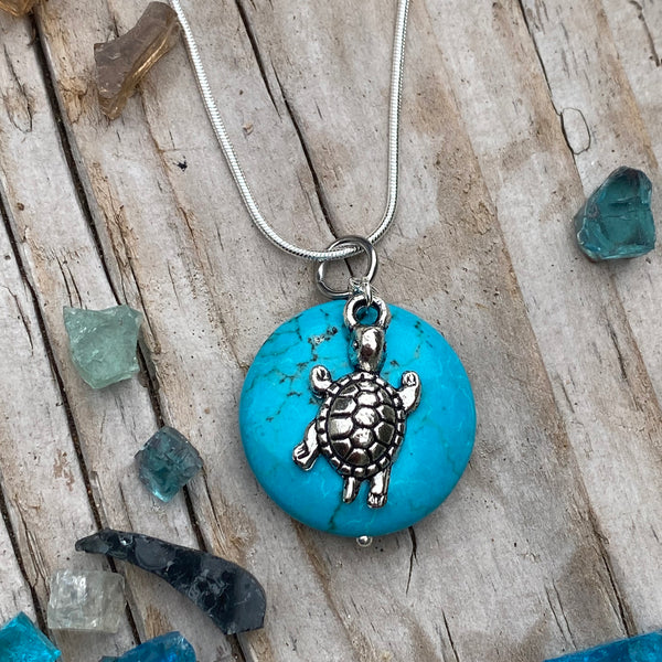 Ocean Inspired Turquoise Round Pendant with Turtle on Silver Necklace