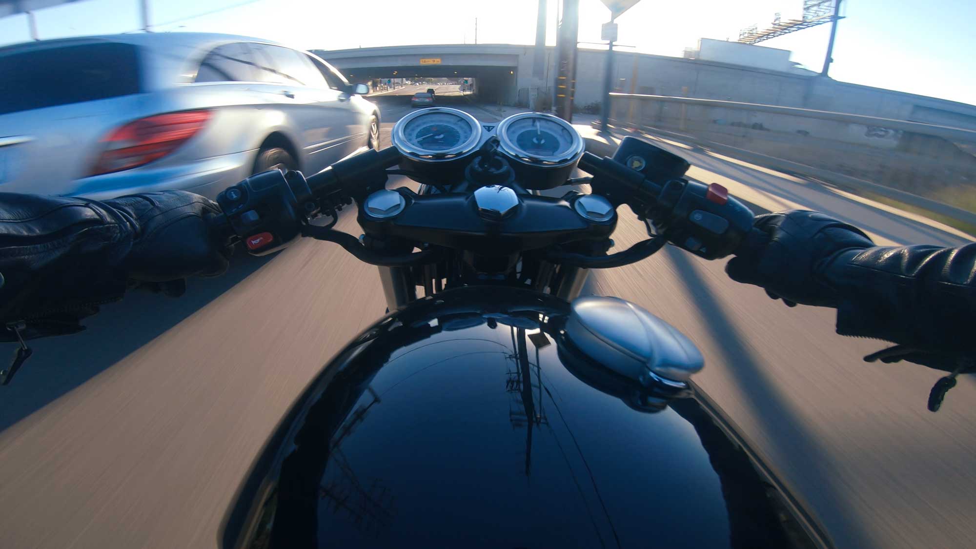 British Customs Thruxton 1200 on a ride