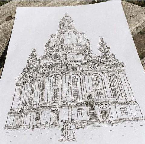 typewriter art picture drawing using a typewriter of Frauenkirche in Dresden 