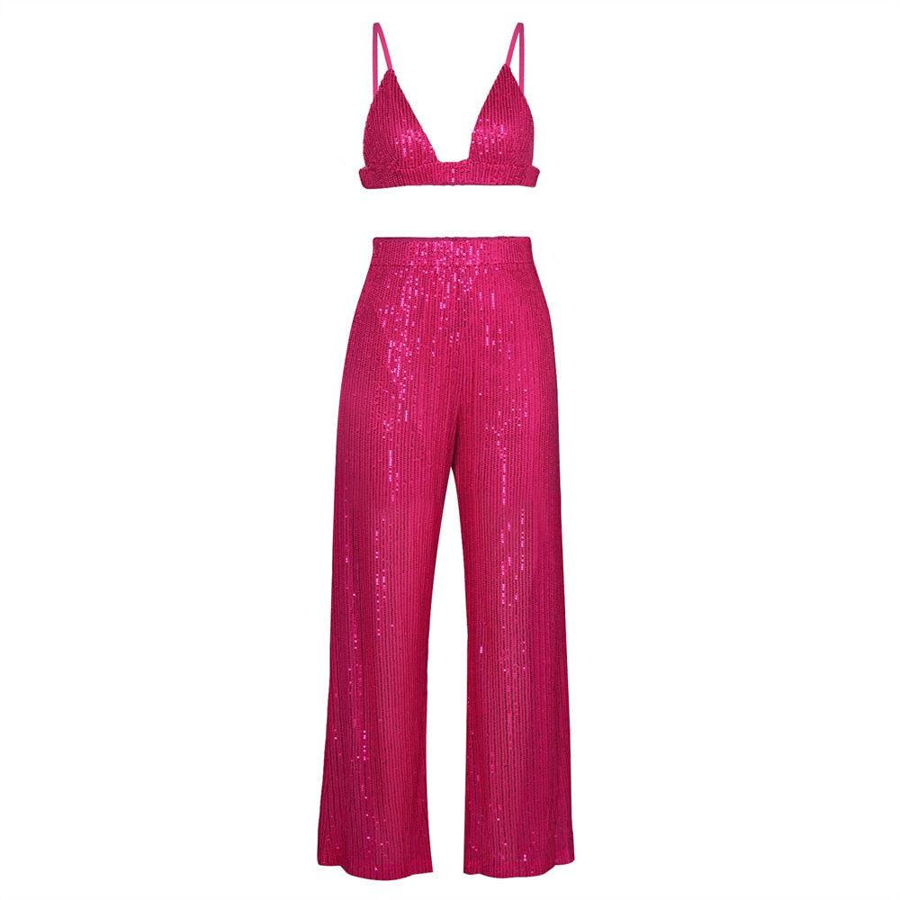 Women'S Pink Club Sequin Outfit Set - Top, Bra & Pants | Doof Store