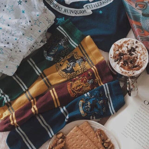 Flatlay of striped Harry Potter Socks with hoscandinavianbluebirdse logos for Slytherin, HUfflepuff, Gryffindor, and Ravenclaw