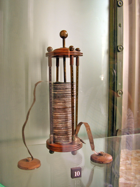 Phot of the Volta battery, at the Tempio Voltiano museum, Como