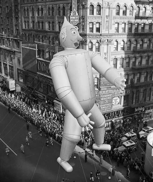 Black and white photograph of The Tin Man in the Macy's Thanksgiving Day Parade