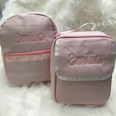 Pink Seersucker Backpack with Matching Lunch Box