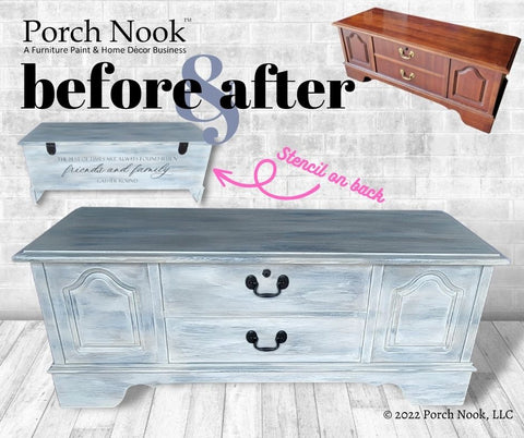 Porch Nook | Custom Furniture Painting, chest with stencil