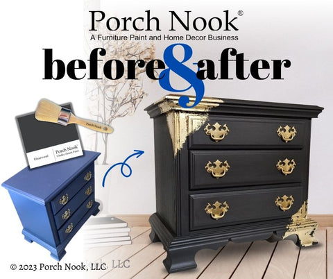 Porch Nook | Before & After, nightstands painted with "Charcoal" and accented with gold foil