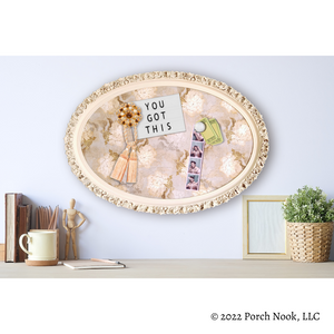 Porch Nook | Vintage French Country Oval Framed Fabric Memory Board, Wall Mounted