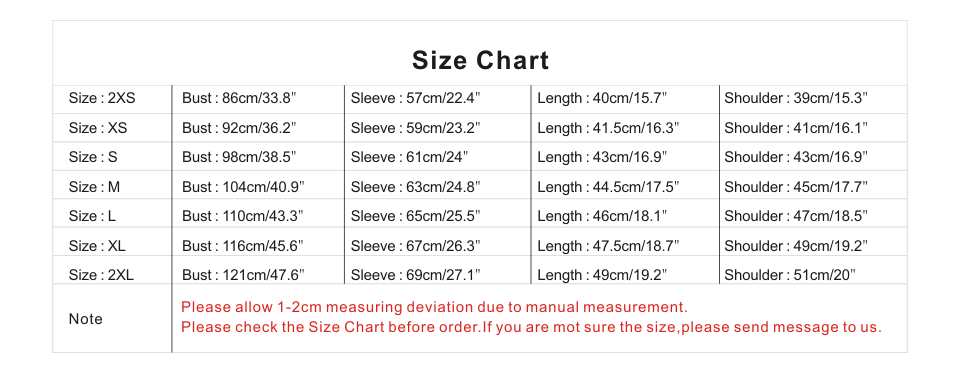 Oberlo Size Chart