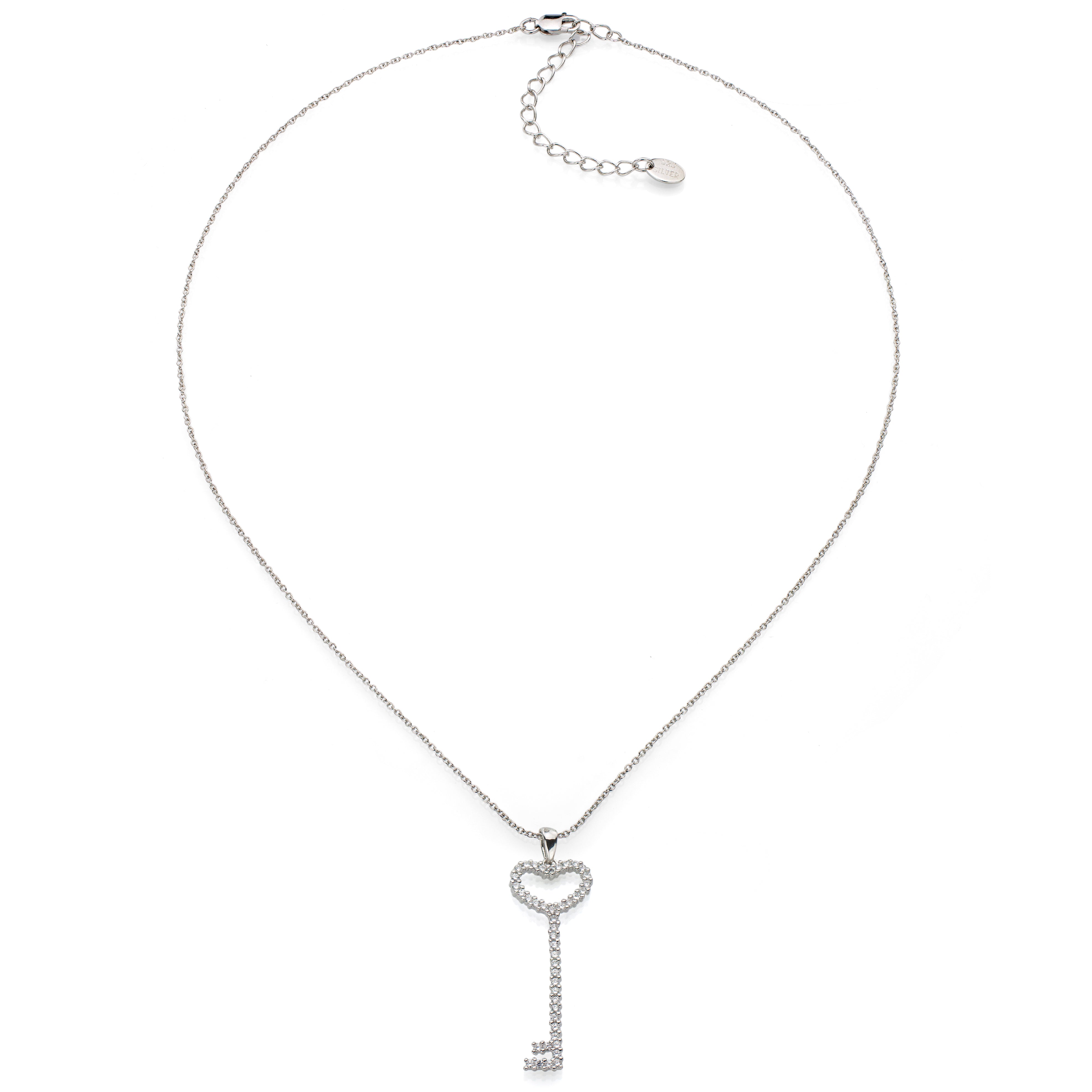 Sterling Silver Cubic Zirconia Thin Pavé Heart Key Pendant Necklace ...