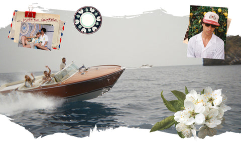 Le Sirenuse's boat speeding through the sea, with a collage of man wearing corsa shirt and Le Sirenuse Hat