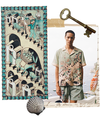Collage of Liguori's tile piece alongside model wearing the translated shirt
