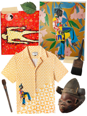 Collage of Wole yellow shirt with backdrop of artist's paintings and inspirations