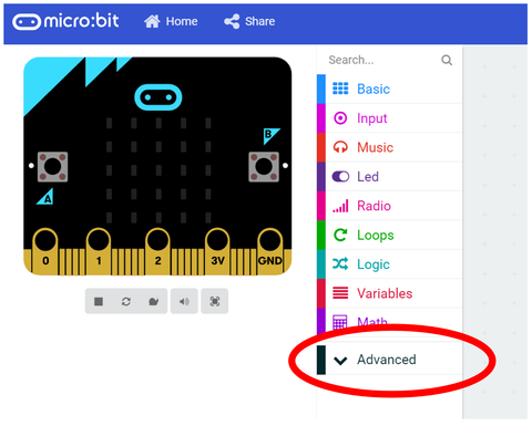 micro:bit makecode advanced tab for installing extensions