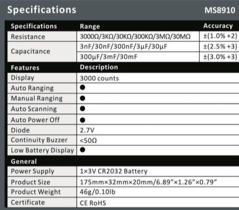 Mastech MS8910 SMD Component Testing Tweezers from PMD Way with free delivery worldwide