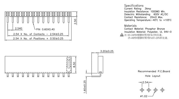 Female Single Row Right Angle Header Strips - Various Sizes - 10 Pack from PMD Way with free delivery worldwide