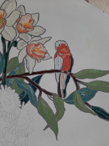commission process artist original oil painting circle canvas floral bird