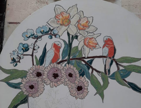 commission process artist original oil floral painting birds