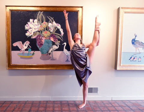 dancer photoshoot art gallery large floral birds oil thick paint