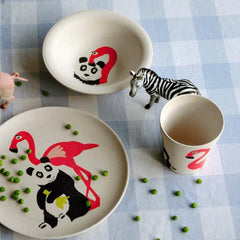 Kids dinner set with panda and flamingo