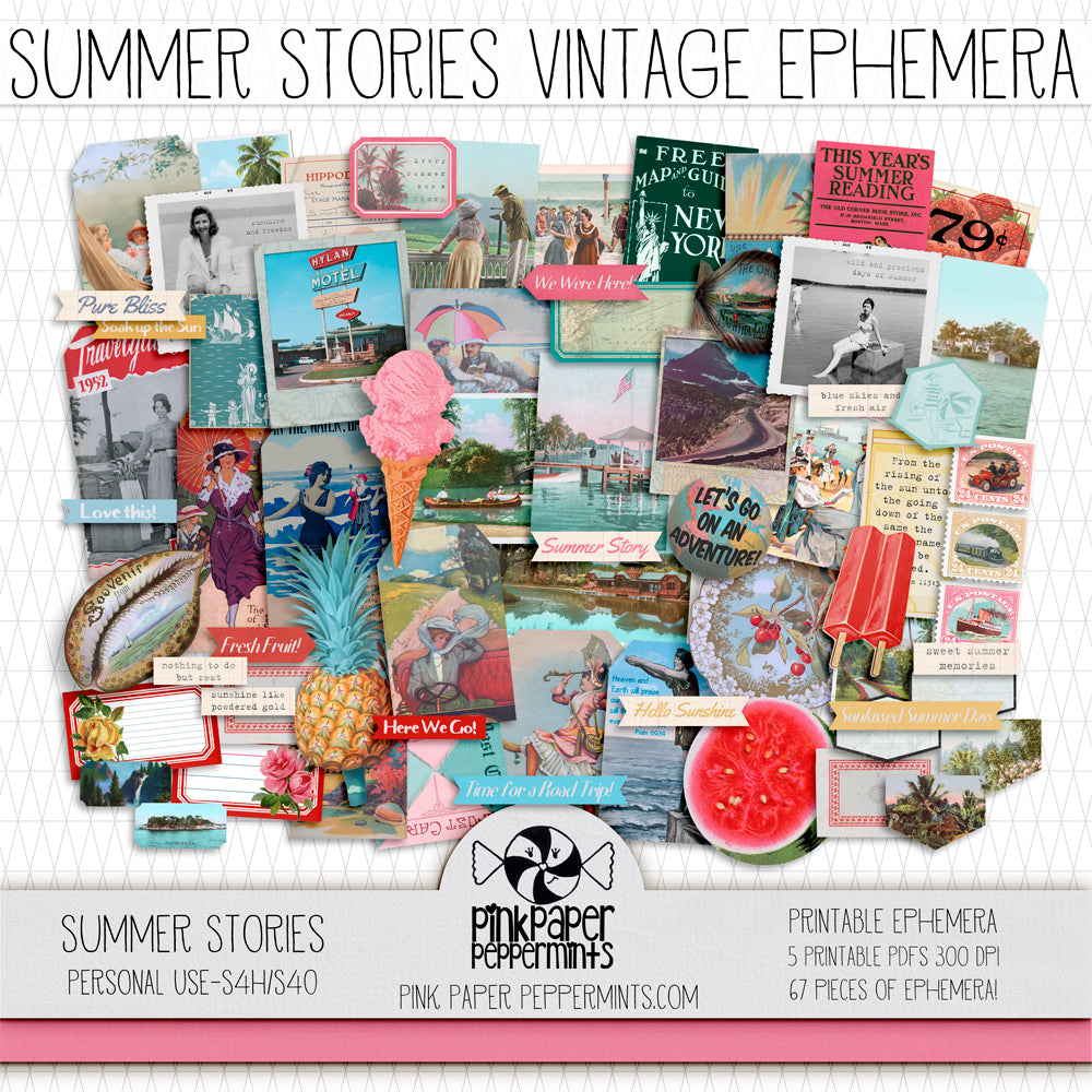 summer stories printable vintage vacation ephemera junk journal ki pink paper peppermints